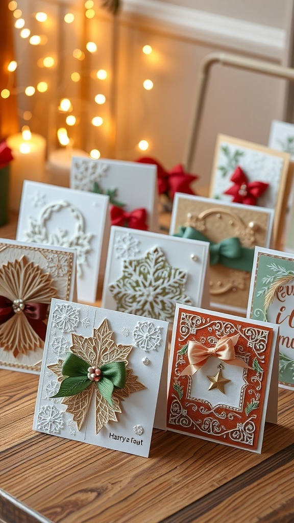 Elegant handmade Christmas cards with decorative designs and embellishments on a wooden table.